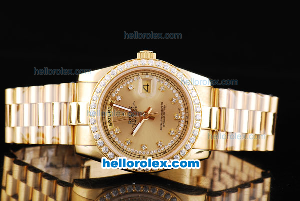 Rolex Day Date Oyster Perpetual Automatic Movement Full Gold with Gold Dial and Diamond Markers-Diamond Bezel - Click Image to Close